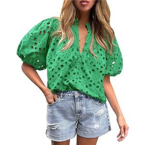 Women's Summer Short Sleeve Tops 2025 Dressy Casual Buttons V Neck